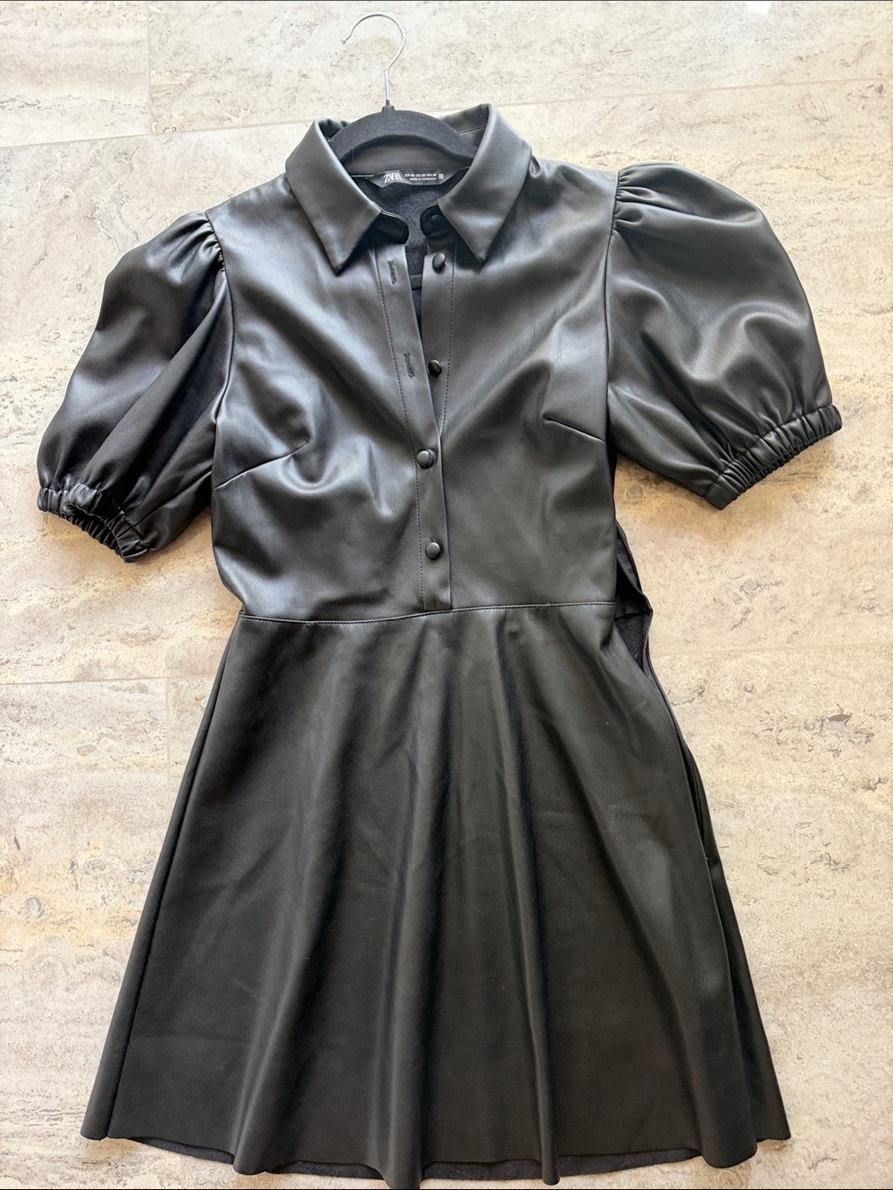 Zaraโs Black Faux Leather Puff-Sleeve Dress - Stylish Short Dress